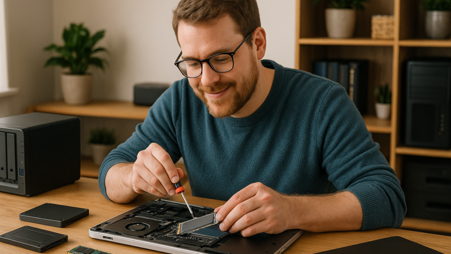 Person working on a computer while addressing local vs NAS vs cloud storage