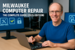 Milwaukee computer repair technician in blue shirt repairing a laptop in a professional workspace.
