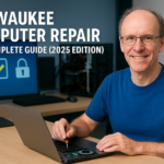 Milwaukee computer repair technician in blue shirt repairing a laptop in a professional workspace.
