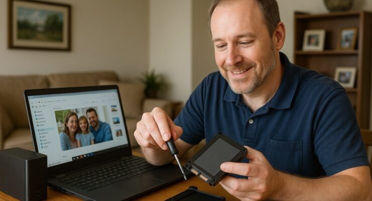 Person working on a computer while addressing monthly computer maintenance checklist