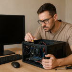 Person working on a computer while addressing no display on monitor