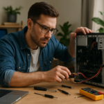 Person working on a computer while addressing hardware and software fixes