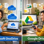 Side-by-side comparison showing Microsoft OneDrive and Google Drive cloud backup setups with users working on laptops.