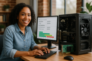 Person working on a computer while addressing PCIe Link Speed Downgrades: Root-Causes and Verification Methods