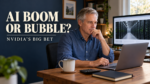 AI Boom or Bubble? NVIDIA’s Big Bet, beside a man using a laptop with data-center servers displayed on a monitor.