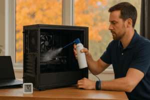 Milwaukee homeowner cleaning dust from a desktop PC with compressed air to prevent fall overheating.