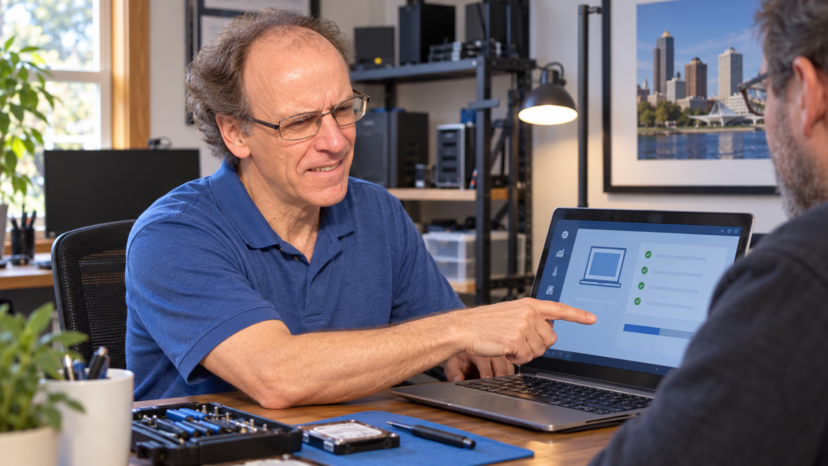 John Zettel of PCRuns helping a customer with a computer problem in Milwaukee