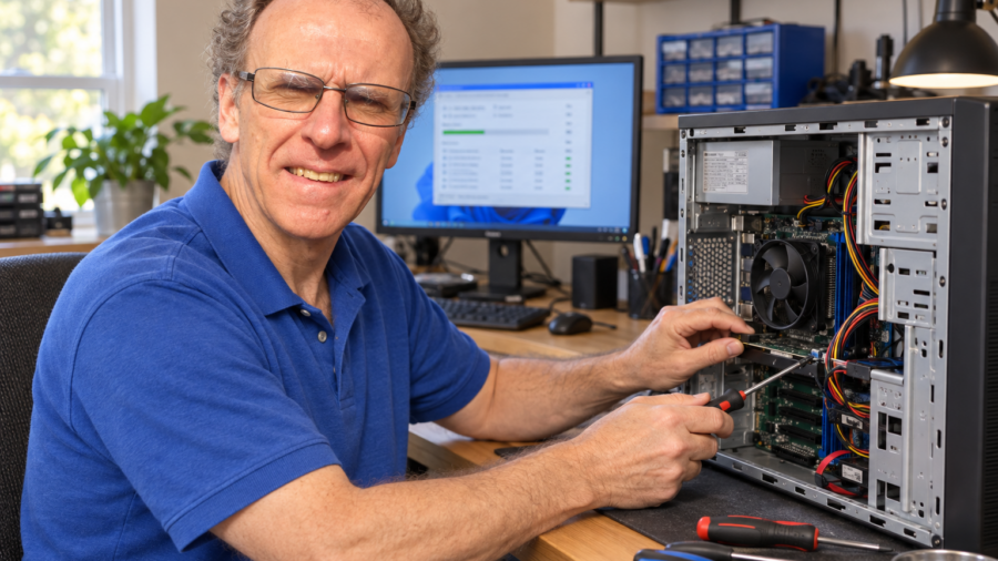 PCRuns owner-technician John Zettel diagnosing a desktop computer