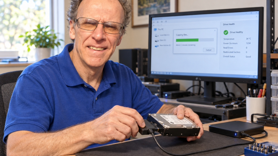 PCRuns owner-technician John Zettel evaluating a hard drive for data recovery