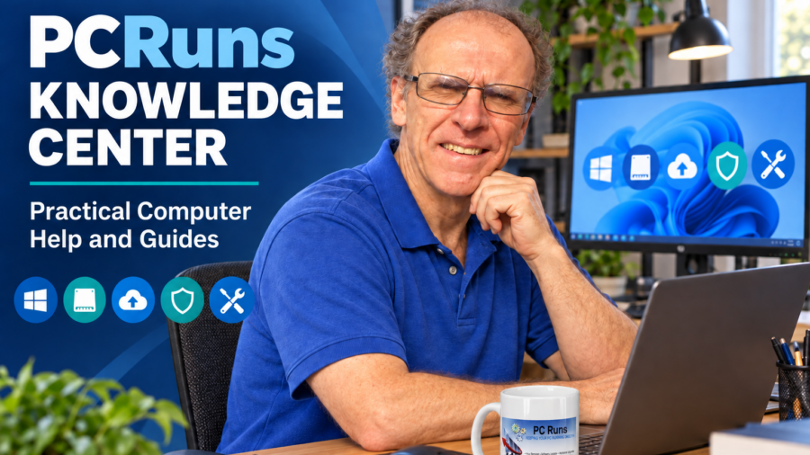 John Zettel at the PCRuns Knowledge Center workspace with a PCRuns-branded coffee mug