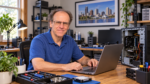 John Zettel at a computer repair workbench with a laptop and an open desktop computer.