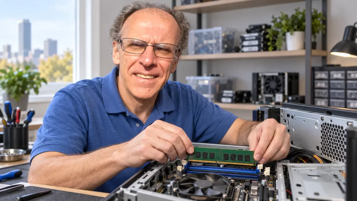 John, the owner and technician of PCRuns, installing RAM in a desktop computer.