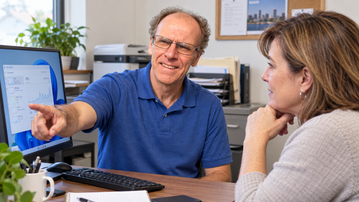 John Zettel of PCRuns explaining a computer problem to a Milwaukee small-business owner.