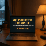 Repurposed laptop on a wooden desk in a cozy Milwaukee home office during winter, with snow visible outside the window.