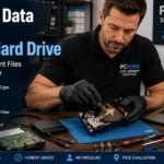Computer technician recovering important files from a failing hard drive before complete drive failure.