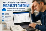 Computer technician helping recover deleted Microsoft OneDrive files on a Windows laptop using OneDrive recovery tools.