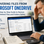 Computer technician helping recover deleted Microsoft OneDrive files on a Windows laptop using OneDrive recovery tools.
