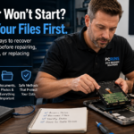 Computer technician recovering files from a Windows laptop that will not start.