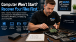 Computer technician recovering files from a Windows laptop that will not start.