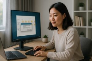 Person working on a computer while addressing remote