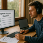 Person working on a computer while addressing remote support checklist