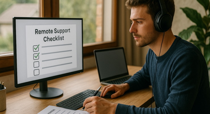 Person working on a computer while addressing remote support checklist