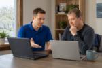 Local computer technician helping a customer decide whether to repair or replace an older laptop