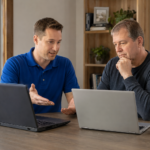 Local computer technician helping a customer decide whether to repair or replace an older laptop