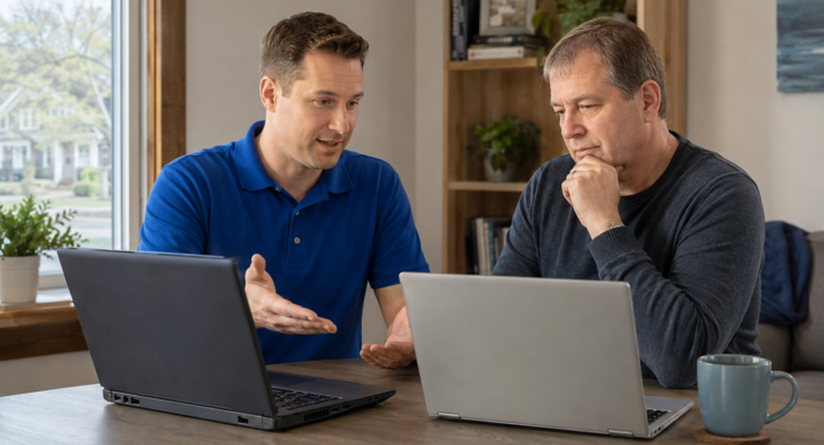 Local computer technician helping a customer decide whether to repair or replace an older laptop