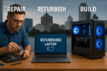 Repair, refurbish, and build computer options displayed with Milwaukee skyline in background.