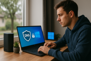 Person working on a computer while addressing secure DNS Windows