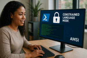 Person working on a computer while addressing Securing PowerShell: Constrained Language Mode, Logging, and AMSI