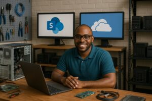 Person working on a computer while addressing SharePoint vs OneDrive
