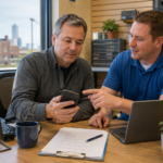 Small-business owner reviewing practical cybersecurity steps with a local computer technician