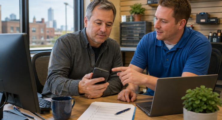 Small-business owner reviewing practical cybersecurity steps with a local computer technician