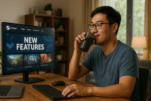 Person working on a computer while addressing Steam updates