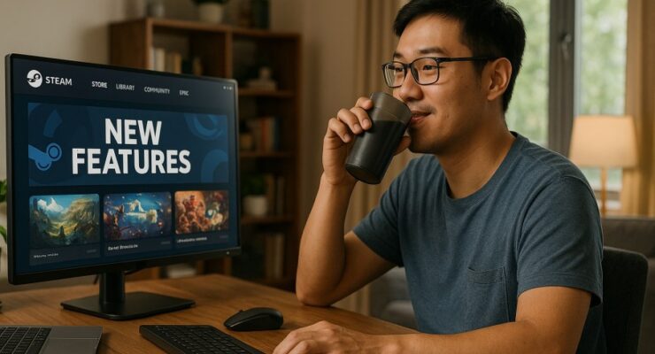 Person working on a computer while addressing Steam updates