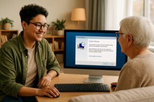 Person working on a computer while addressing System Restore