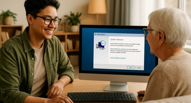 Person working on a computer while addressing System Restore