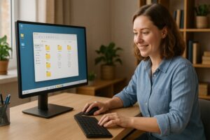 Person working on a computer while addressing Windows files and folders