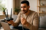 Person working on a computer while addressing USB-C cable