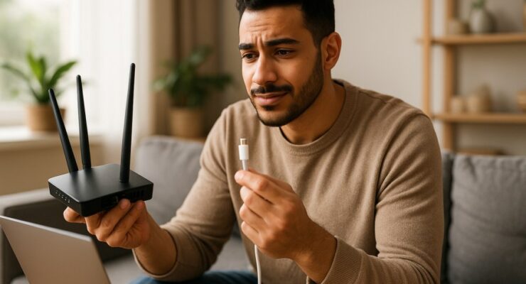 Person working on a computer while addressing USB-C cable