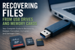 Technician recovering deleted files from a USB flash drive and SD memory cards beside a laptop during a data recovery process.