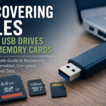 Technician recovering deleted files from a USB flash drive and SD memory cards beside a laptop during a data recovery process.