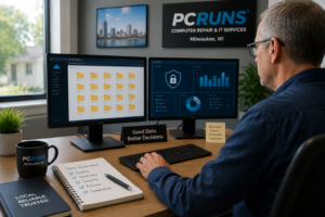 Business professional reviewing organized digital files and security dashboard illustrating data governance, secure information management, and business data organization.