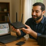 Person working on a computer while addressing when to replace old wifi router