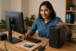 Person working on a computer while addressing remote computer support