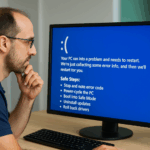 Technician troubleshooting Windows blue screen with safe recovery steps on monitor