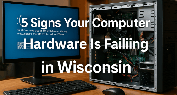echnician inspecting an overheating desktop PC with warning lights, snow outside a Milwaukee window, and hardware failure indicators on screen.